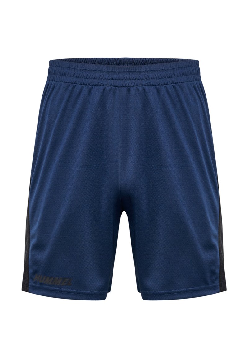 Mörkblå atletiska shorts med svarta sidopaneler, elastisk midja, lättviktsmaterial, med en liten "HUMMEL"-logotyp längst fram till vänster.