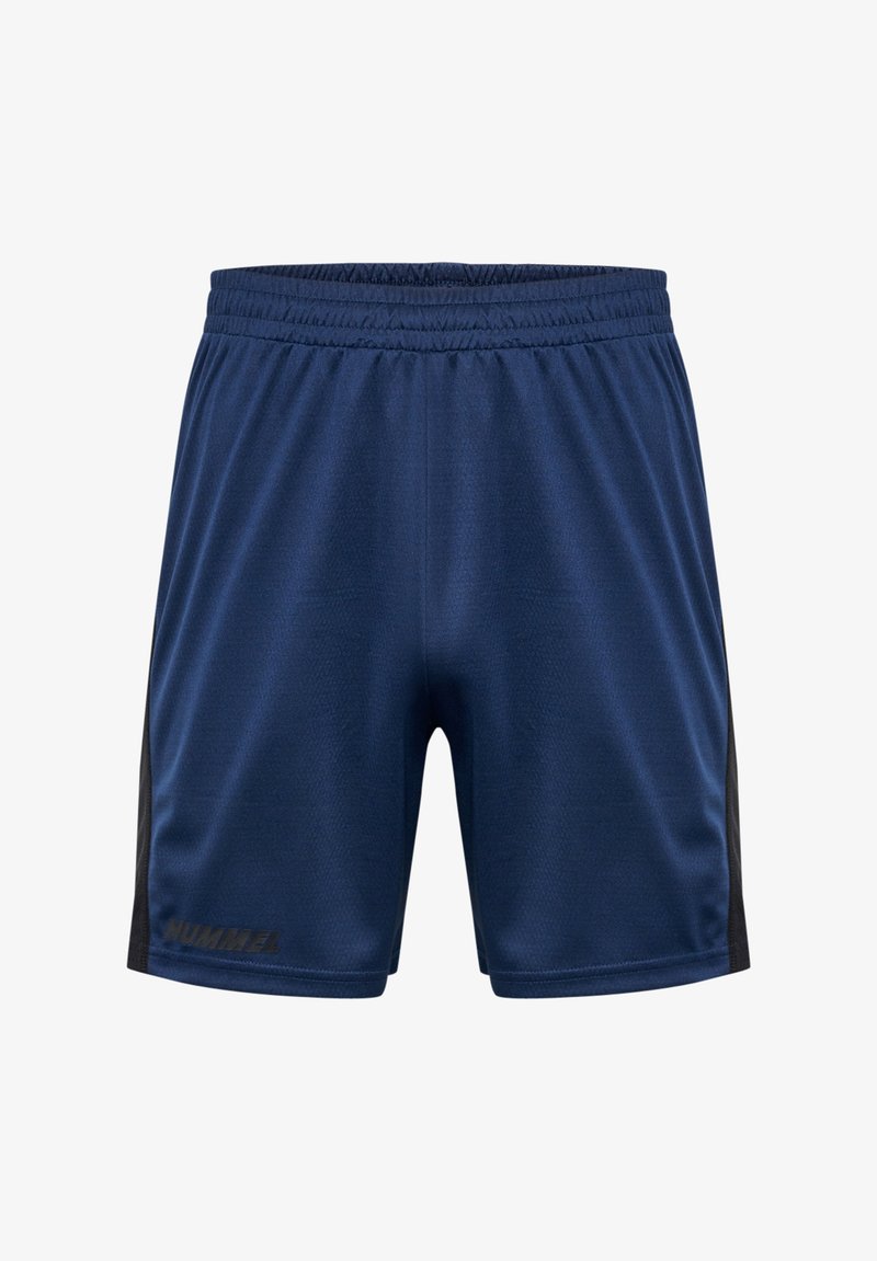 Mörkblå atletiska shorts med svarta sidopaneler, elastisk midja, lättviktsmaterial, med en liten "HUMMEL"-logotyp längst fram till vänster.
