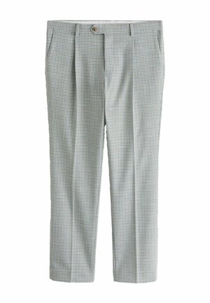 Maßgeschneiderte Herrenanzughose mit einem hellgrauen und blauen klein karierten Muster, vorne mit Knopf, Gürtelschlaufen und Seitentaschen.