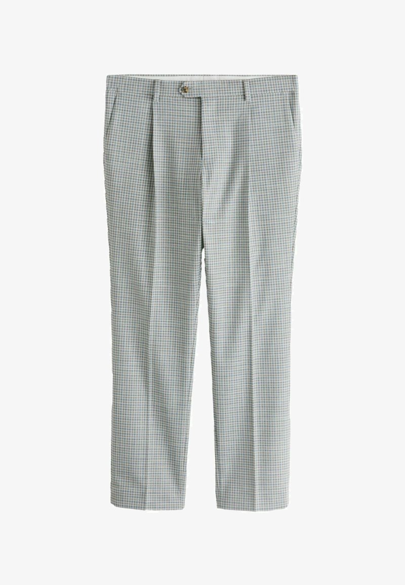 Pantalon pour homme ajusté avec un petit motif à carreaux gris clair et bleu, bouton à l'avant, passants pour ceinture et poches latérales.