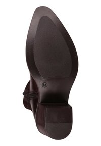 Brązowa podeszwa wysokiego obcasa z teksturowaną gumową przyczepnością, zaokrąglonym brzegiem i wytłoczonym rozmiarem 36. Posiada solidny obcas i gładką, zaokrągloną górę.