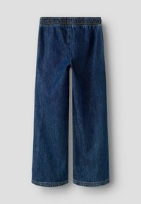 Tumši zili plati džinsa bikses ar elastīgu jostasvietu, klasisku piecu kabatu dizainu un apdares malu hemām.