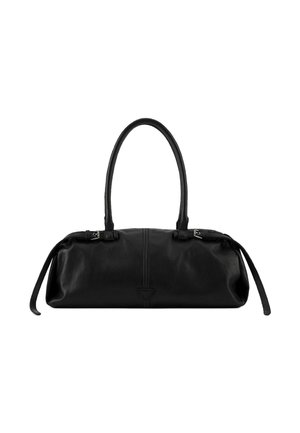 Schwarze Lederhandtasche mit langen Doppelhenkeln und Reißverschlussdetails auf jeder Seite, dargestellt vor weißem Hintergrund.