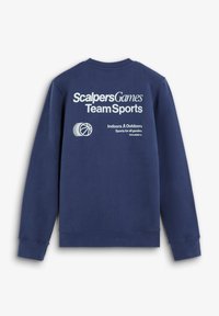 Sudadera azul marino con texto deportivo en blanco, un ícono de baloncesto y frases que promueven deportes en equipo inclusivos tanto en interiores como en exteriores.