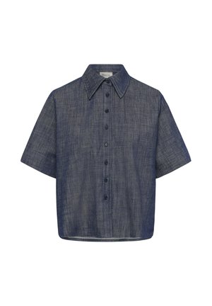 Košulja tamnoplave boje od chambray tkanine s kratkim rukavima, nazubljenim ovratnikom i sedam crnih gumba sprijeda.