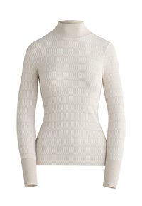 Kremowy top z golfem na długim rękawie wykonany z prążkowanej tkaniny z pionowymi paskami. Dopasowany fason i gładka tekstura na całej powierzchni.