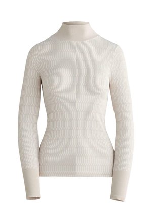 Hosszú ujjú, krémszínű garbó felső bordázott anyagból, függőleges csíkos mintával. Testhez simuló szabás és sima tapintású anyag mindenütt.