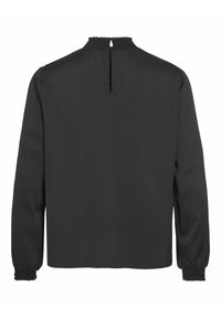 Svart långärmad blus med smockad hög hals, nyckelhål i ryggen och elastiska ärmslut. Slät tyg med en enkel design.
