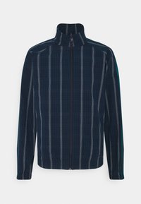 Marinrandig jacka med ståkrage, med frontdragkedja och kontrasterande teal-accenter på ärmarna, tillverkad av lättviktig tyg.