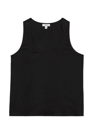 Čierne tielko bez rukávov s okrúhlym výstrihom a malou bielou značkou vo vnútri výstrihu, veľkosť malá.