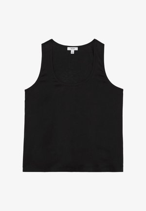 Čierne tielko bez rukávov s okrúhlym výstrihom a malou bielou značkou vo vnútri výstrihu, veľkosť malá.
