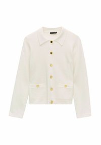 Weißer cardigan aus strukturiertem Stoff, mit einem Kragenhals, goldenen Knöpfen und zwei vorderen Taschen. Lange Ärmel.