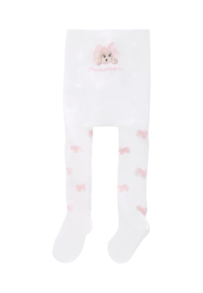 Collant bianchi con un design di un cane sulla parte frontale e motivi a fiocco rosa lungo le gambe. Realizzati in materiale morbido e elastico.