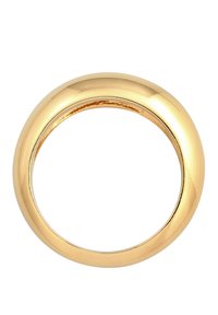 Anello in metallo color oro con superficie liscia e lucida. Forma tonda con spessore uniforme e senza dettagli o motivi aggiuntivi.
