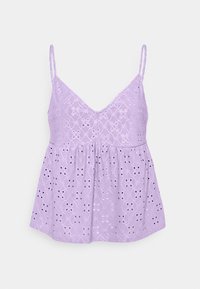 Lila ärmlös topp med v-ringning, prydd med dekorativt ögla-mönster, rynkad midja och lättviktigt tyg.