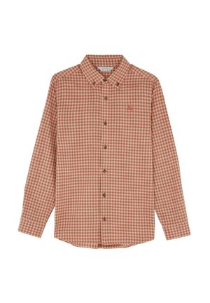 Langärmliges Hemd mit Knopfleiste, rot-beigem kariertem Muster und Button-Down-Kragen, flach auf weißem Hintergrund gelegt.