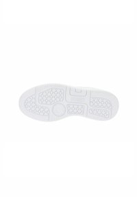Sole di sneaker bianca con trazione a motivo, caratterizzata da design circolari e esagonali. Texture liscia con un dettaglio del logo al centro.