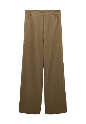 Valkoiset, korkeavyötäröiset ruskeat housut leveillä lahkeilla, joissa on joustava vyötärönauha ja jotka on valmistettu kevyestä, teksturoidusta kankaasta.