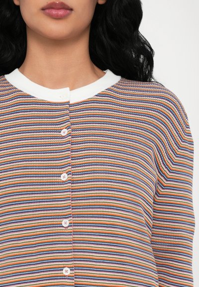 Striped button-up cardigan featuring multicolored patterns, ribbed texture, and a white collar with pink buttons.