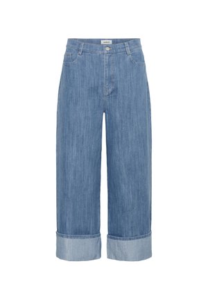 Lichtblauwe denim cropped wijdere broek met een opgerolde zoom, met een hoge taille en een vijf-pocket ontwerp. Soepele textuur met een subtiele vervaging.