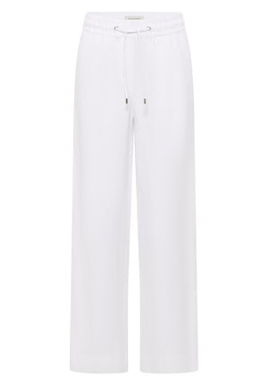 Weiße Hose mit weitem Bein, elastischem Bund und vorderem Kordelzug, aus leichtem Stoff.