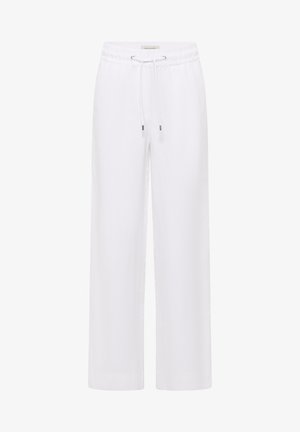 Weiße Hose mit weitem Bein, elastischem Bund und vorderem Kordelzug, aus leichtem Stoff.