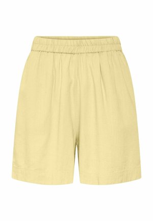 Šviesiai geltoni, laisvo kirpimo šortai su elastiniu juosmeniu ir subtiliais siūlų detalėmis, skirti kasdieniam dėvėjimui.