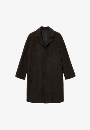 Płaszcz wełniany w ciemnym brązie z klapami, bocznymi kieszeniami i luźnym krojem. Strukturalna tkanina z gładką podszewką.