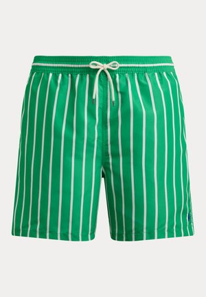 Πράσινα μαγιό βερμούδα με λευκές κάθετες ρίγες και λευκό κορδόνι στη ελαστική μέση.