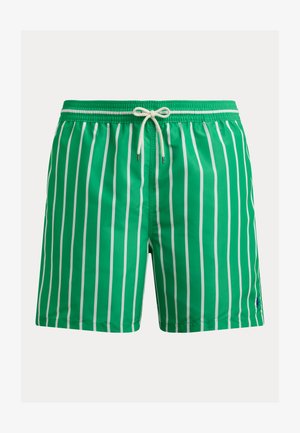 Grønne badeshorts med hvite vertikale striper og en hvit snor i en elastisk midjebånd.
