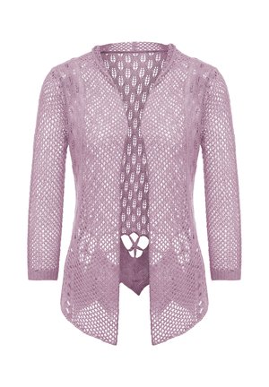 Háčkovaný cardigan v jemné levandulové barvě, otevřený design, tříčtvrteční rukávy, obsahuje diamantový vzor a dekorativní výřez na lemu.