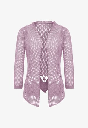 Häkel-Cardigan in hell-lila, offenes Design, Dreiviertelärmel, mit einem Rautenmuster und einem dekorativen Ausschnitt am Saum.