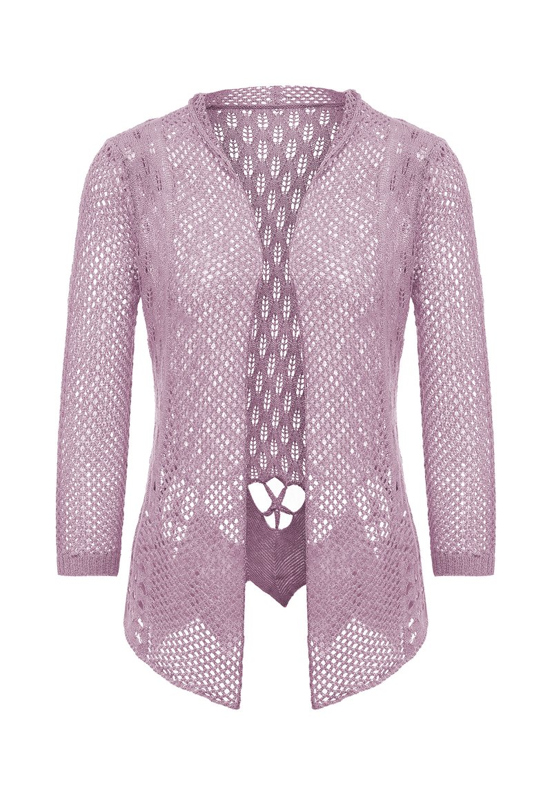 Häkel-Cardigan in hell-lila, offenes Design, Dreiviertelärmel, mit einem Rautenmuster und einem dekorativen Ausschnitt am Saum.