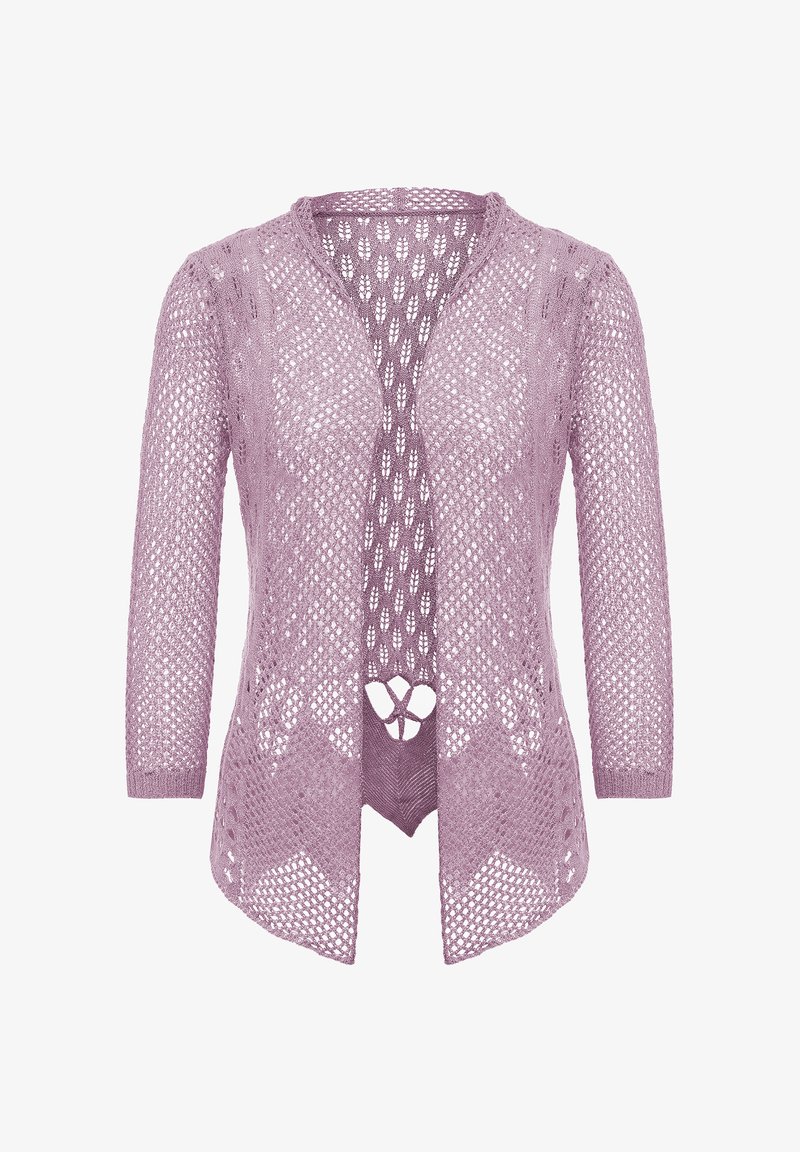 Horgolt kardigán világos levendula színben, nyitott elülső kialakítással, háromnegyedes ujjal, gyémántmintával és díszes kivágással az alján.