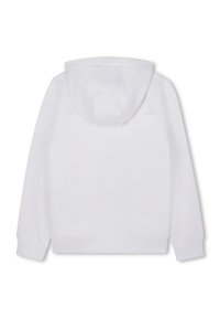 Sweatshirt blanc avec capuche, présentant des poignets et un ourlet côtelés, une texture lisse, et sans logos ni motifs visibles. Vue arrière montrée.