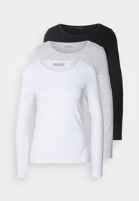 Three long-sleeve t-shirts in white, grey, and black; round necklines; smooth fabric; tags visible on the grey shirt for brand identification.