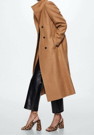 Personne portant un manteau long couleur chameau, un pantalon noir texturé coupé au-dessus de la cheville, et des sandales à talons hauts imprimé léopard, debout devant un fond uni.