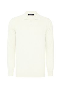 Suéter de polo de manga larga en color blanco roto. Presenta un cuello clásico, puños acanalados y una tela suave y texturizada. Diseño simple y limpio.