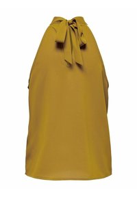 Haut sans manches couleur moutarde avec un nœud noué dans le dos, texture lisse et design fluide, doté d'un col rond et sans attaches visibles.