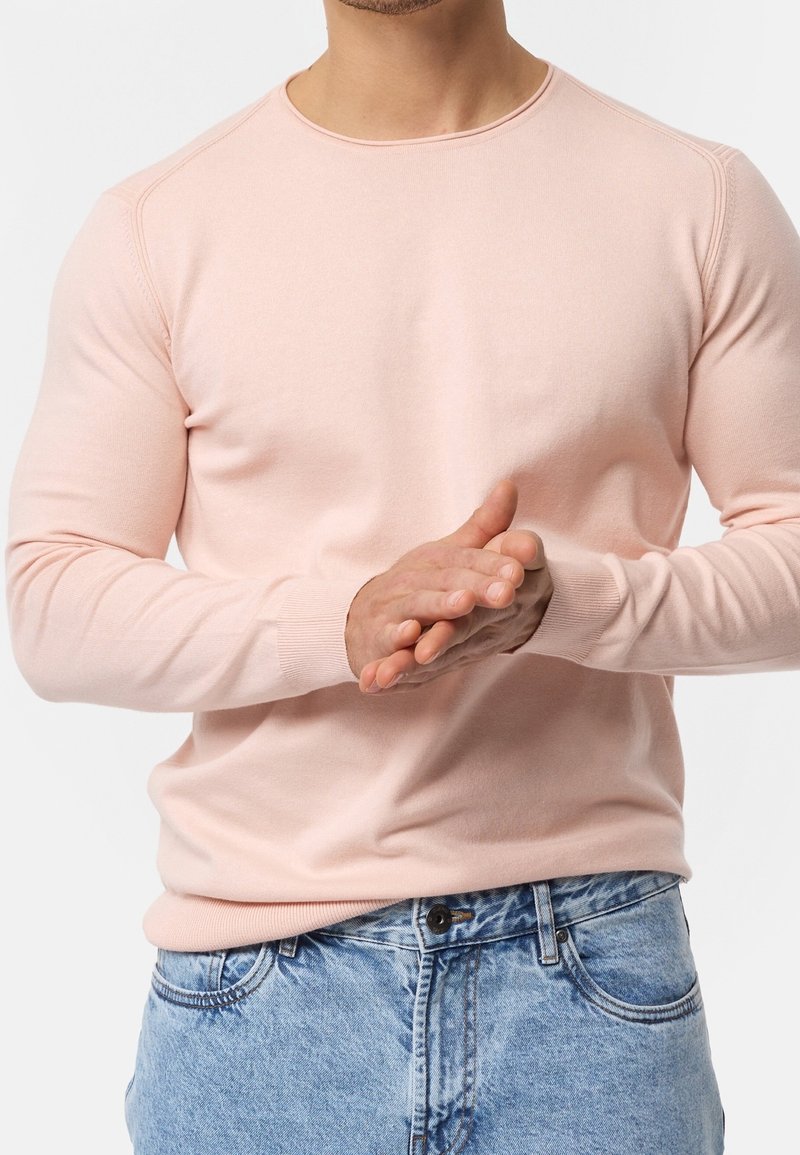 Pull rose pâle à manches longues avec un col rond ; silhouette ajustée et poignets côtelés ; associé à un jean en denim bleu.