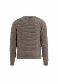 Grijs gebreid sweater met lange mouwen, ronde hals en een losse pasvorm. Het materiaal heeft een breipatroon met geribde manchetten en zoom.