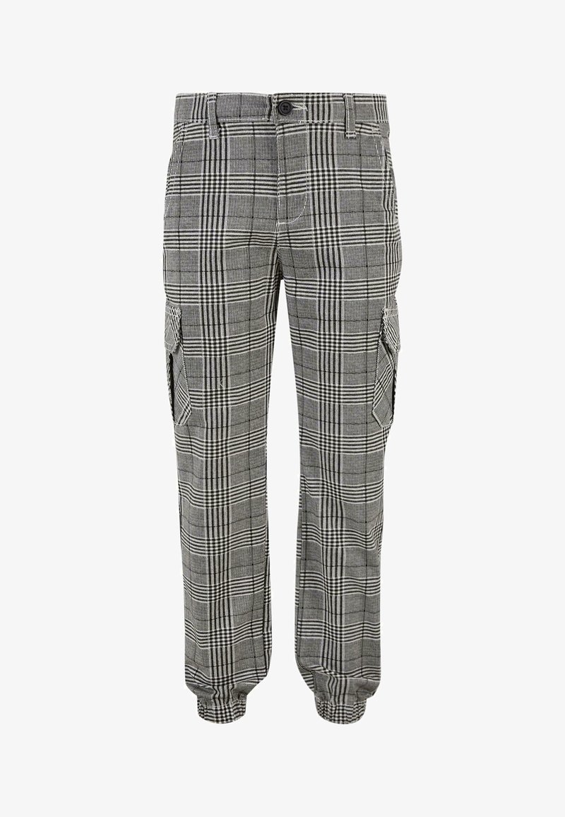 Pantalon cargo à carreaux gris et noir avec poches latérales, fermeture par bouton, passants de ceinture et poignets élastiques aux chevilles.