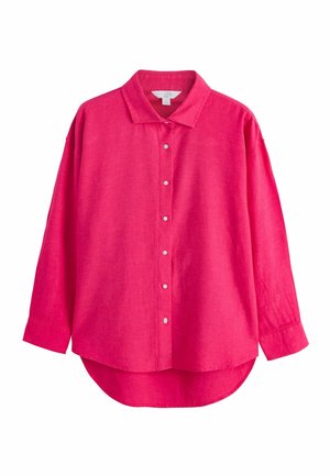 Bright pink long-sleeve linen shirt with collar and white buttons, featuring a rounded hem and buttoned cuffs.