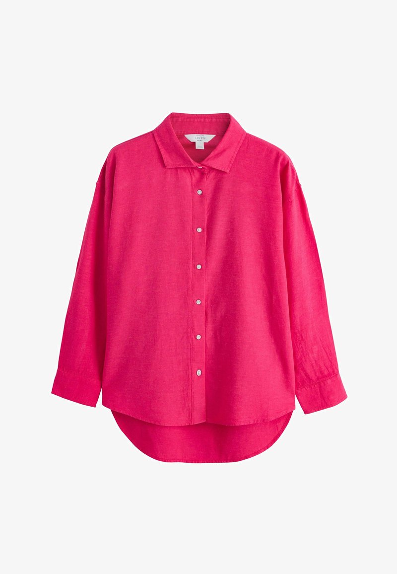 Camicia lunga in lino rosa acceso con colletto e bottoni bianchi, con orlo arrotondato e polsini con bottoni.