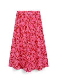 Roter Blumenrock aus leichtem Stoff, mit einem Muster aus rosa Blumen und grünen Blättern, fließender Silhouette und elastischem Bund.