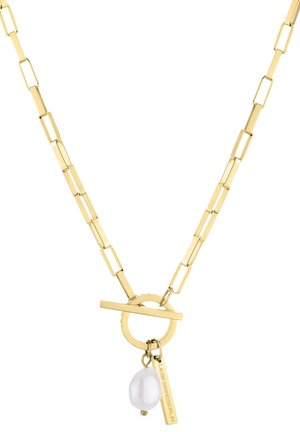 Kultainen kaulaketju suorakaiteen muotoisilla lenkeillä, jossa on pyöreä käännettävä lukko, valkoinen helmiriipus ja pieni kaiverrettu tankoriipus.