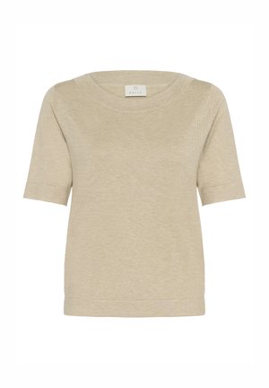 Beige krátký rukáv top s širokým, zaobleným výstřihem. Vyrobeno z měkké, lehké tkaniny. Obsahuje jemnou texturu a lemované okraje.