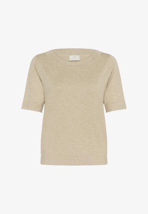 Šviesiai rudas trumpomis rankovėmis marškinėliai su plačiu, apvaliu iškirpimu. Pagaminti iš minkštos, lengvos medžiagos. Pasižymi subtilia tekstūra ir apdailintais kraštais.