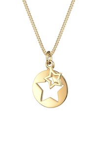 Guldhalskæde med rund vedhæng med udskåret stjernemotiv og en mindre stjerne som detalje. Glat overflade med poleret finish.