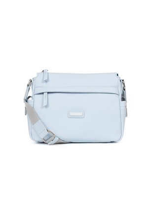 Borsa a tracolla azzurro chiaro in pelle liscia, con tasca anteriore con zip, tracolla regolabile e sottile dettaglio del logo impresso.